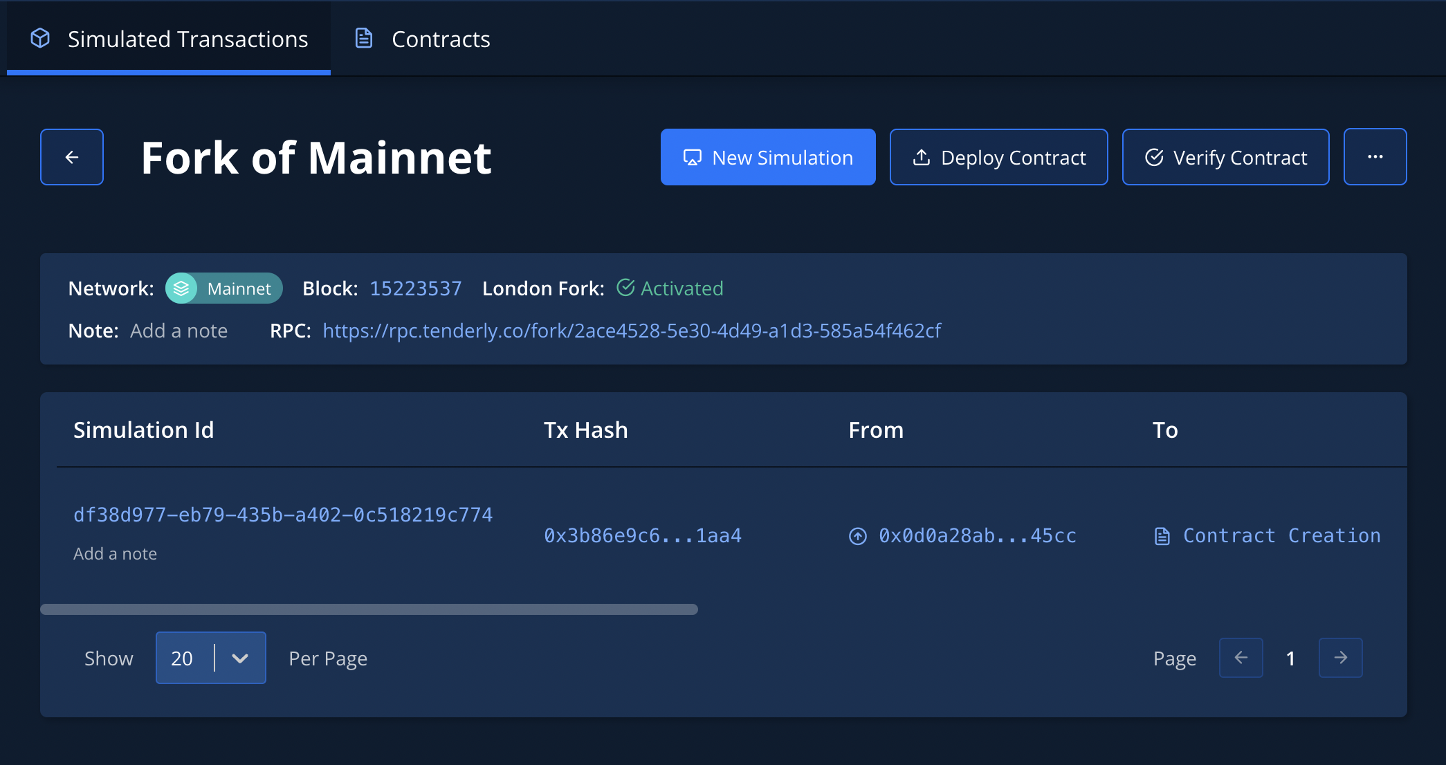 Contract Creation Transaction in Tenderly Fork